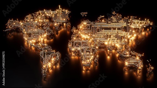 glowing world map made of oil pipelines connecting continents symbolizing global petroleum trade and energy dependency