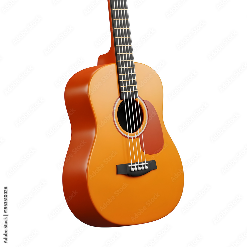 Obraz premium Acoustic guitar with orange finish wood body and brown pickguard isolated for musical instrument design concept and hobby