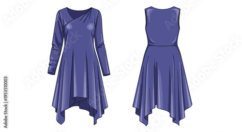 Elegant purple draped dress with asymmetrical hemline and long sleeves front and back vector illustration