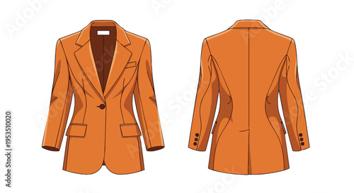Elegant orange women's blazer flat vector illustration showcasing front and back views for fashion design, highlighting versatile style and