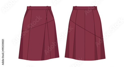 Fashion flat sketch of a classic maroon pleated school uniform skirt with stylish diagonal seam details and pockets