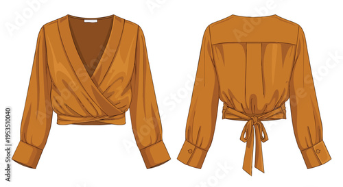 Stylish women's wrap blouse technical flat sketch with tie-back detail and long sleeves, rendered in warm brown hue