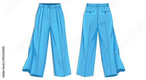 Stylish sky blue wide-leg trousers illustration front and back view a sophisticated fashion design blueprint for comfortable elegant apparel with