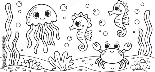 Outline drawing for coloring book featuring cute cartoon sea life including jellyfish seahorses and crab underwater scene