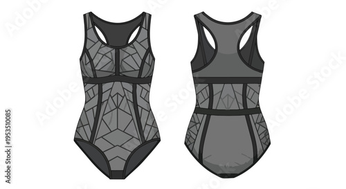 Technical illustration of a contemporary athletic one-piece swimsuit featuring an intricate geometric grey pattern, depicting both front and