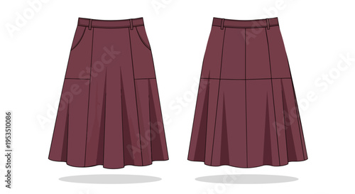 Elegant deep maroon A-line skirt with stylish flowing pleats and functional pockets, presented in a clear flat technical illustration for fashion