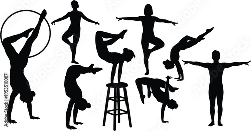 Gymnast silhouettes set acrobat balance handstand hoop and flexibility poses artistic gymnastics athletes isolated black figures collection