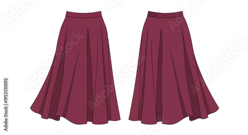 Elegant maroon pleated maxi skirt detailed flat sketch technical illustration for fashion design women's apparel template vector artwork clothing