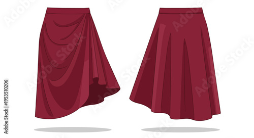Sophisticated deep red skirts vector illustrations featuring diverse flowing fabric designs and adaptable fashion apparel for contemporary wardrobes