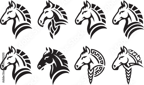 Set of eight stylized horse head icons featuring geometric tribal and solid silhouette graphic designs for emblem