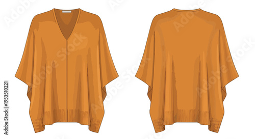 A modern, loose-fitting, orange-brown v-neck poncho, front and rear views, ideal for fashion design, clothing catalogs, and cozy wardrobe concepts.