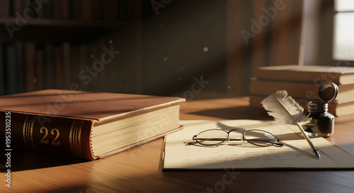 Vintage study desk with leather-bound book and writing tools