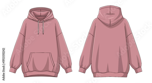Comfortable pink oversized hoodie illustration showing both front and back views of casual apparel