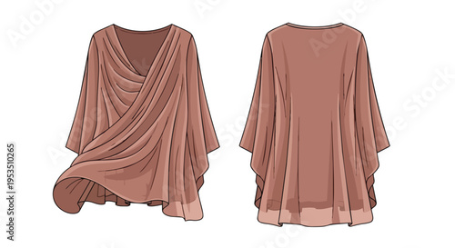 Elegant draped tunic top design illustration showcasing a soft fabric flow and comfortable silhouette from front and back views perfect for modern