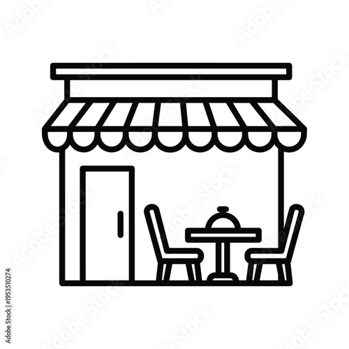 Cafe storefront icon with outdoor seating and awning line art