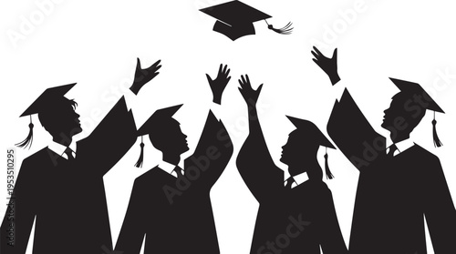 Silhouette of four happy graduates tossing their academic caps into air celebrating educational achievement milestone success