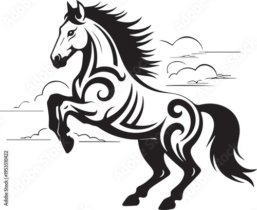 Stylized illustration of majestic rearing horse with tribal tattoo style ornamentation in black and white graphic design