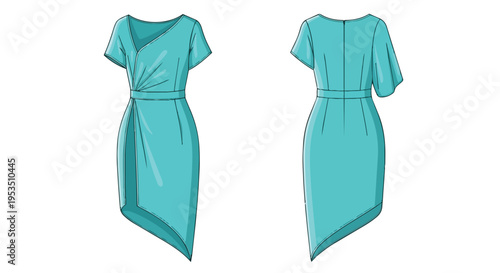 Detailed fashion illustration of a modern asymmetric wrap dress design featuring elegant short sleeves and a cinched waist perfect for contemporary