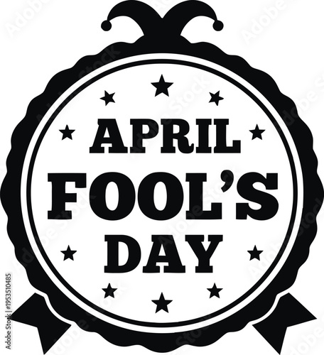 April Fools Day emblem vector design with jester hat circular badge and festive stars outline illustration for humor celebration