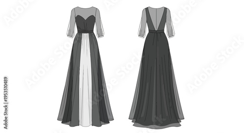 Elegant formal gown technical flat sketch showcasing front and back views with a distinct two-tone skirt design
