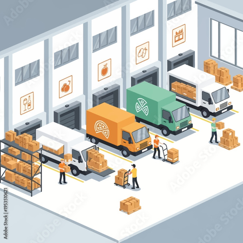 Isometric Logistics Warehouse with Delivery Trucks and Loading Dock