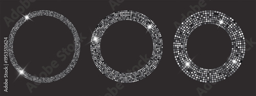Round silver frames adorned with glittering confetti and starbursts form an elegant circular pattern, perfect for festive celebrations and disco-themed graphics.