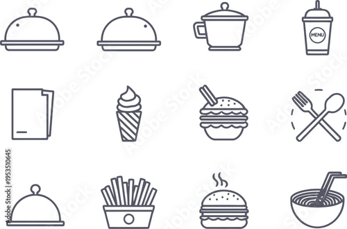Food and restaurant vector icon set with serving dishes drinks burgers fries noodles and utensils line art illustrations