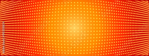 Red-orange LED panel backdrop with central yellow glow. Circle dots, pixels, specks fade in gradient texture. Vector grid. Concert stage bg for tv show display overlay.