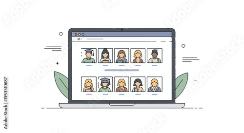 Cartoon diverse people on a laptop screen with green leaves