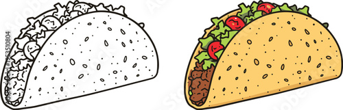 Taco vector illustration set with outline and colored version showing Mexican food design with shell meat lettuce and tomato