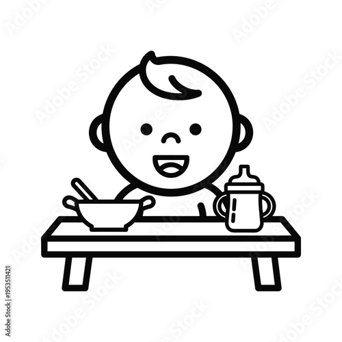 Happy Baby Eating Icon with Bowl and Bottle