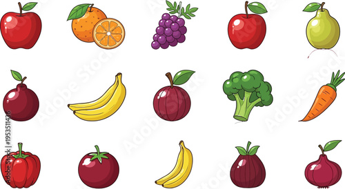 Cartoon fruits and vegetables icons collection