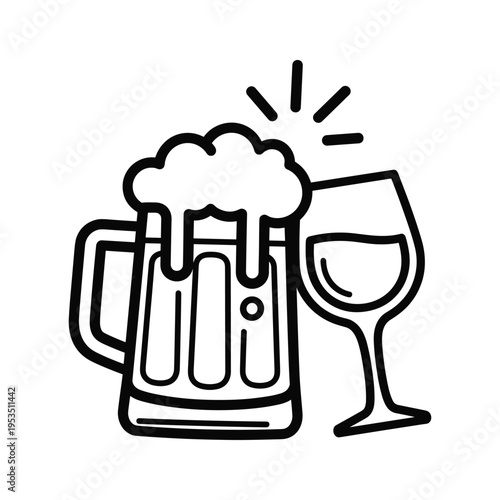 Beer Mug and Wine Glass Icon - Line Art Illustration