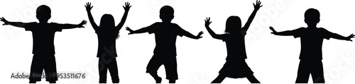 Happy kids silhouettes jumping and raising hands playful children celebrating joy freedom childhood fun isolated black figures
