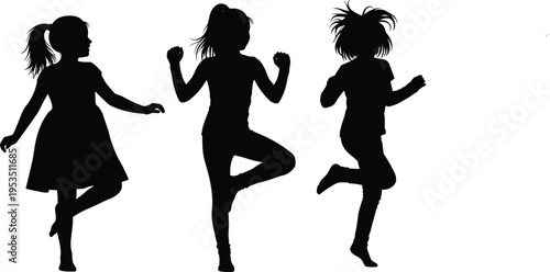 Happy kids dancing silhouette set, playful children jumping and dancing poses, joyful childhood movement isolated black figures