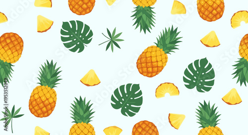 Pineapples and tropical leaves arrangement.