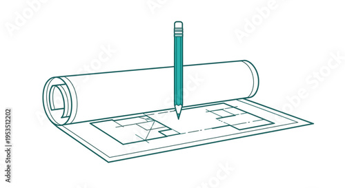 Blueprint roll with green pencil drawing.