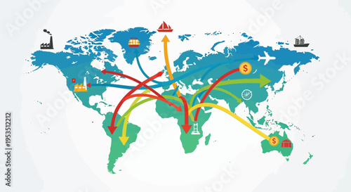 Global Trade Routes: World Map with Shipping, Airplanes, and Industry Icons