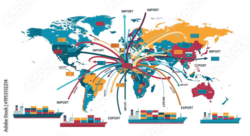 Global Trade Routes: World Map with Cargo Ships and Arrows Illustrating Import/Export