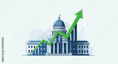 Government Building with Upward Trend Arrow and Financial Graph