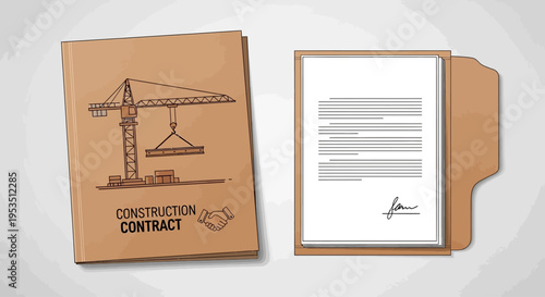 Brown folder with construction contract documents.