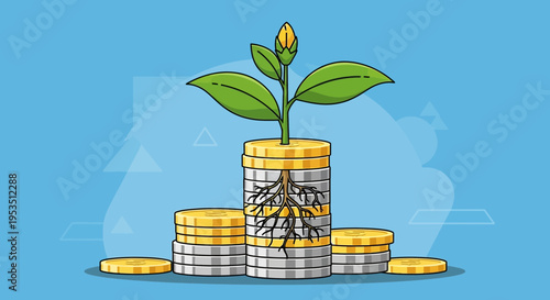 Growing Money Plant on Stacked Coins, Financial Growth Concept