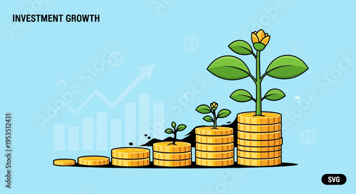 Investment Growth: Coins Stacked with Growing Plants and Financial Chart
