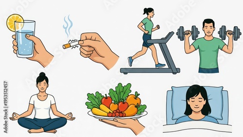 Health and Wellness Concept with Icons of Nutrition, Exercise, Meditation, Hydration, and Sleep for a Balanced Lifestyle