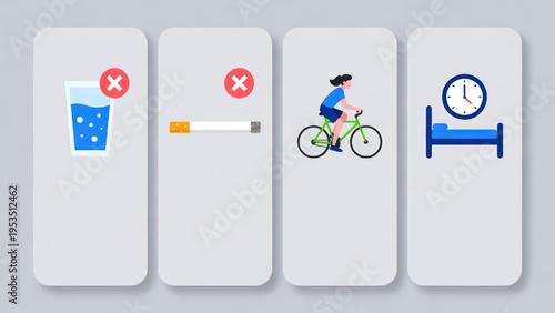 Healthy Lifestyle Choices Guide Illustrating Avoidance of Unhealthy Habits and Emphasis on Exercise and Rest