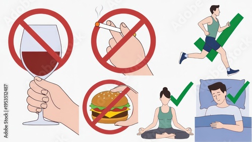 Illustration of Healthy Lifestyle Choices Showing No Alcohol, No Smoking, Exercise, Balanced Diet, Meditation, and Resting for Well-being