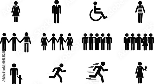Human figure silhouette icons, diverse people illustration, social group artwork, family relationship symbol, disability representation design, activity lifestyle graphic