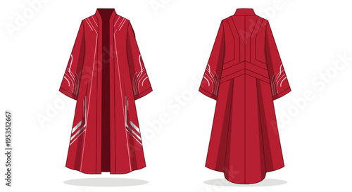 Vivid Red Ceremonial Robe Front and Back Displaying Elaborate Stylized Patterns and Intricate Silver Embellishments on a Mystical Garment Design for