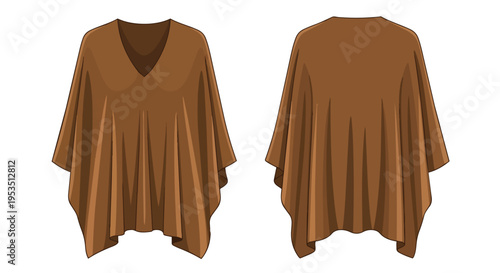 A versatile brown v-neck poncho garment presented in front and back views for fashion design.