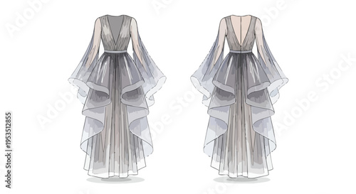 Ethereal gray evening gown design illustration showcasing elegant flowing fabric, translucent tiered sleeves, and a cascading skirt. Both front and